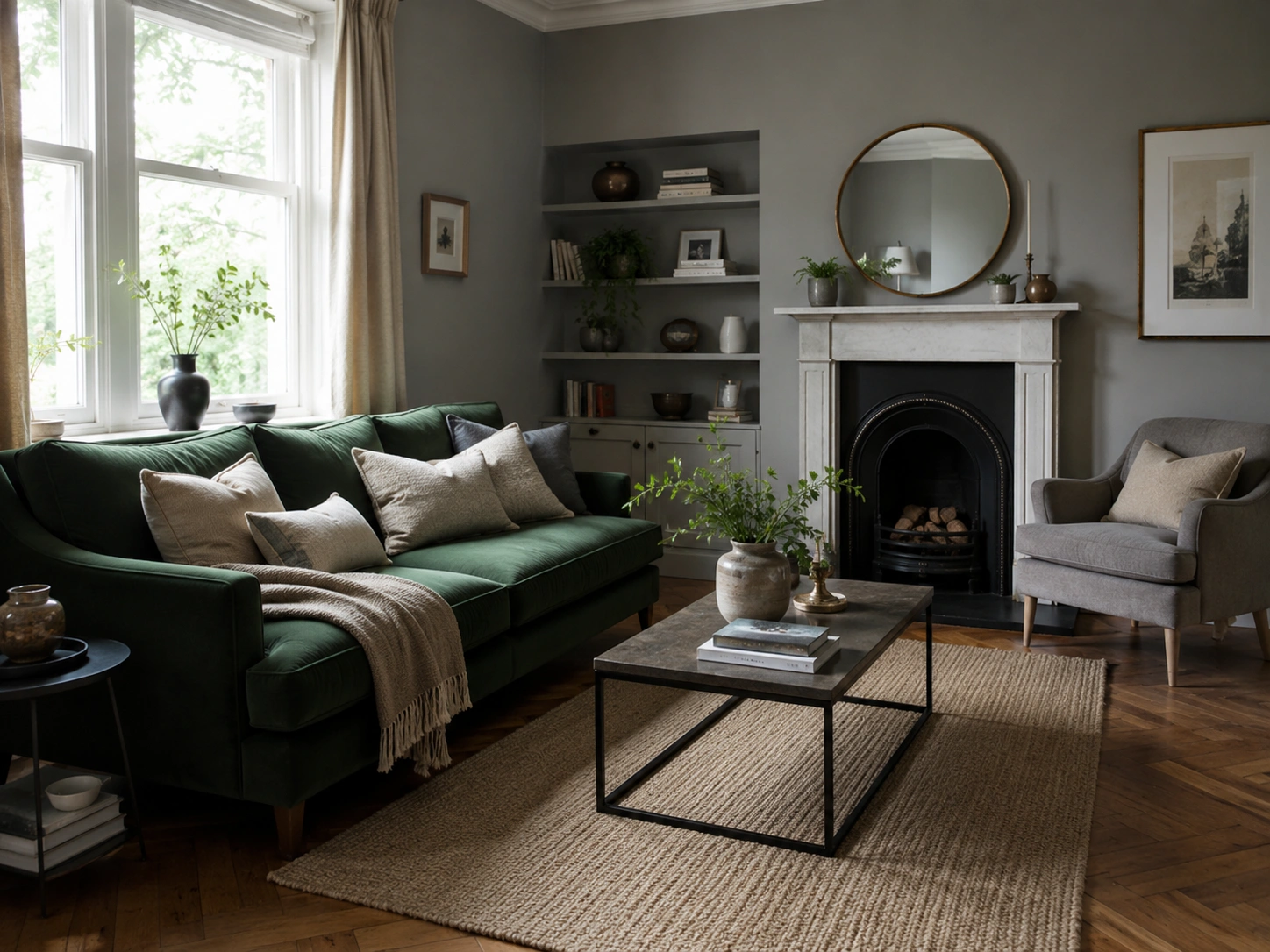 Bottle green sofa in a mid-grey living room with warm linen cushions, fireplace, and natural jute rug.