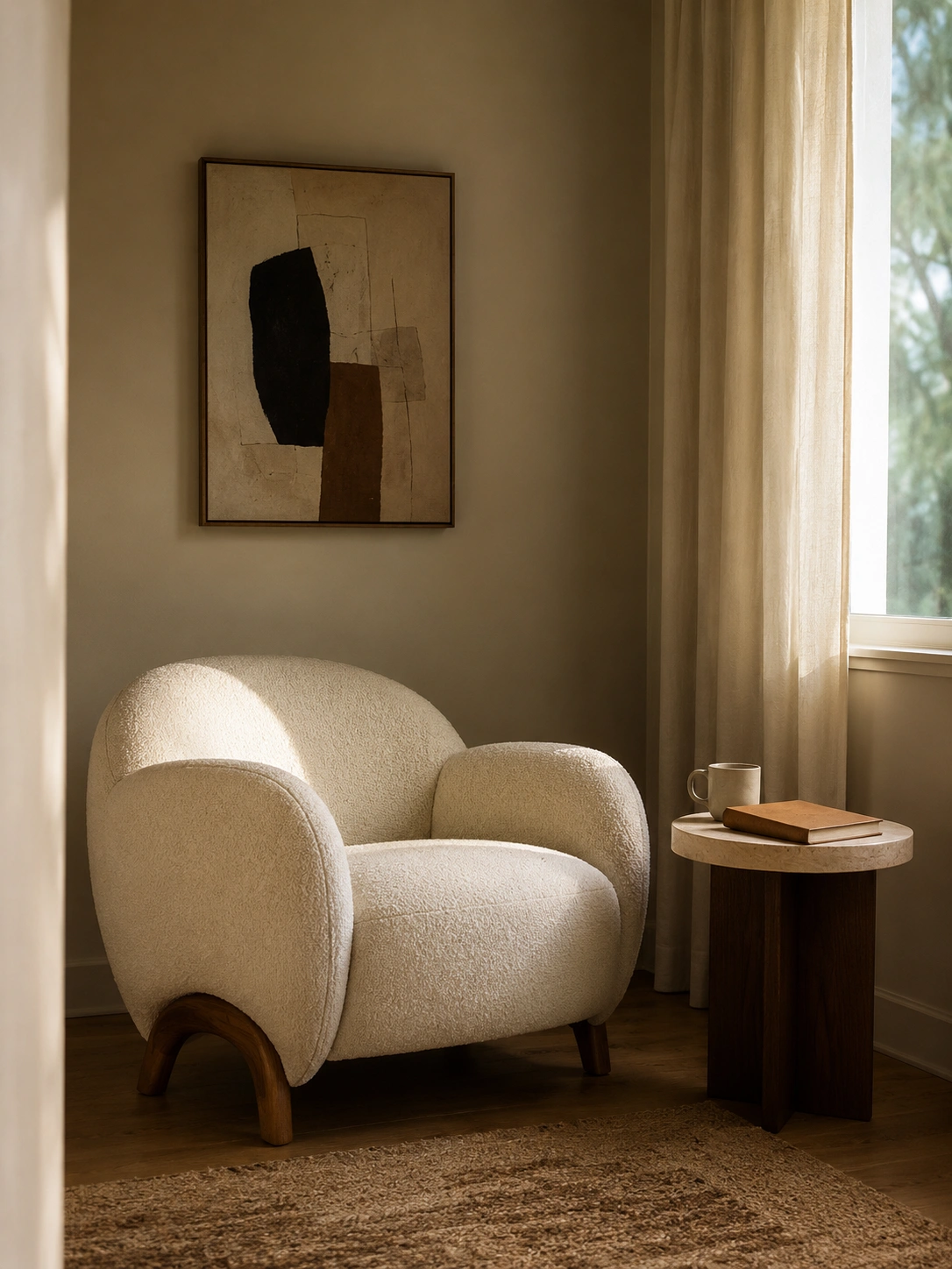 Cream bouclé accent chair in a cozy corner nook with side table, linen curtains, and warm natural light.
