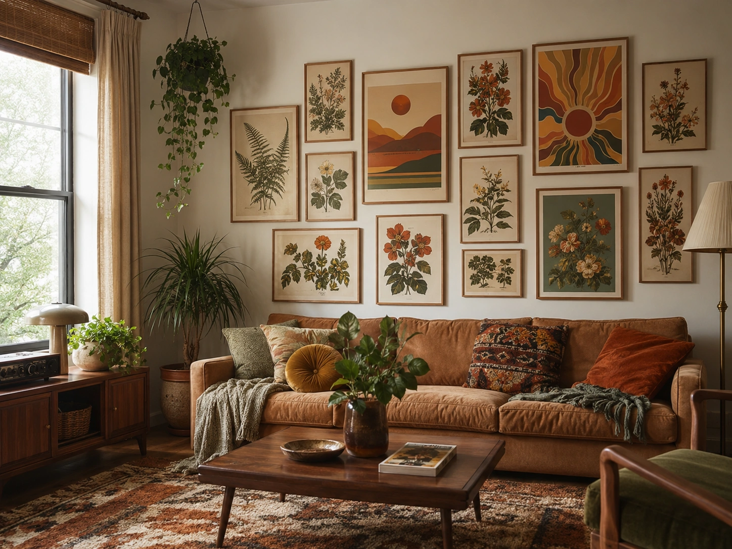 Boucle throw draped over one arm of a camel sofa in a retro botanical living room.