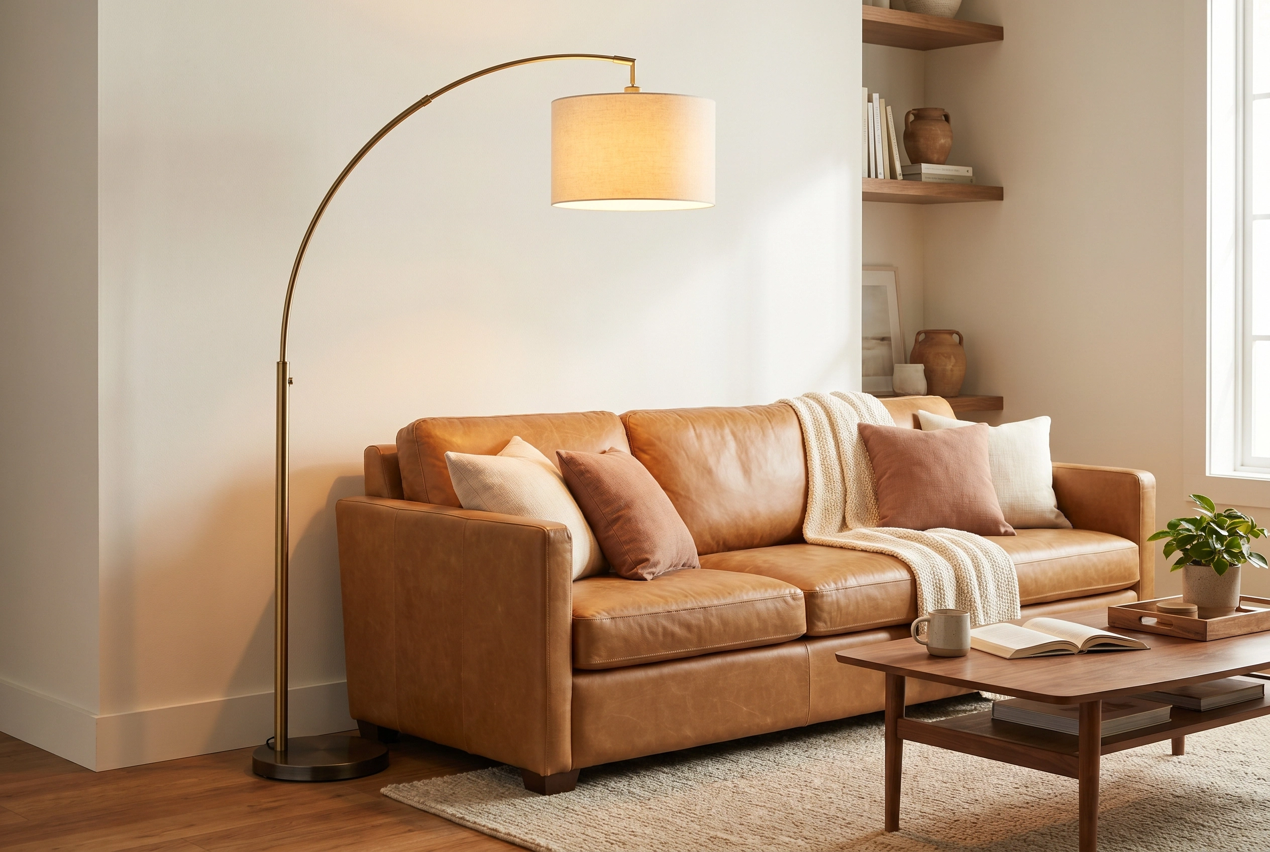 Tan leather sofa with a brass arc floor lamp adding warm ambient glow to a cozy living room.