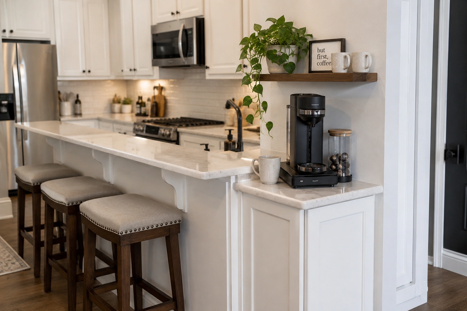 Breakfast bar end coffee station with coffee maker, mugs, floating shelf, and trailing plant.