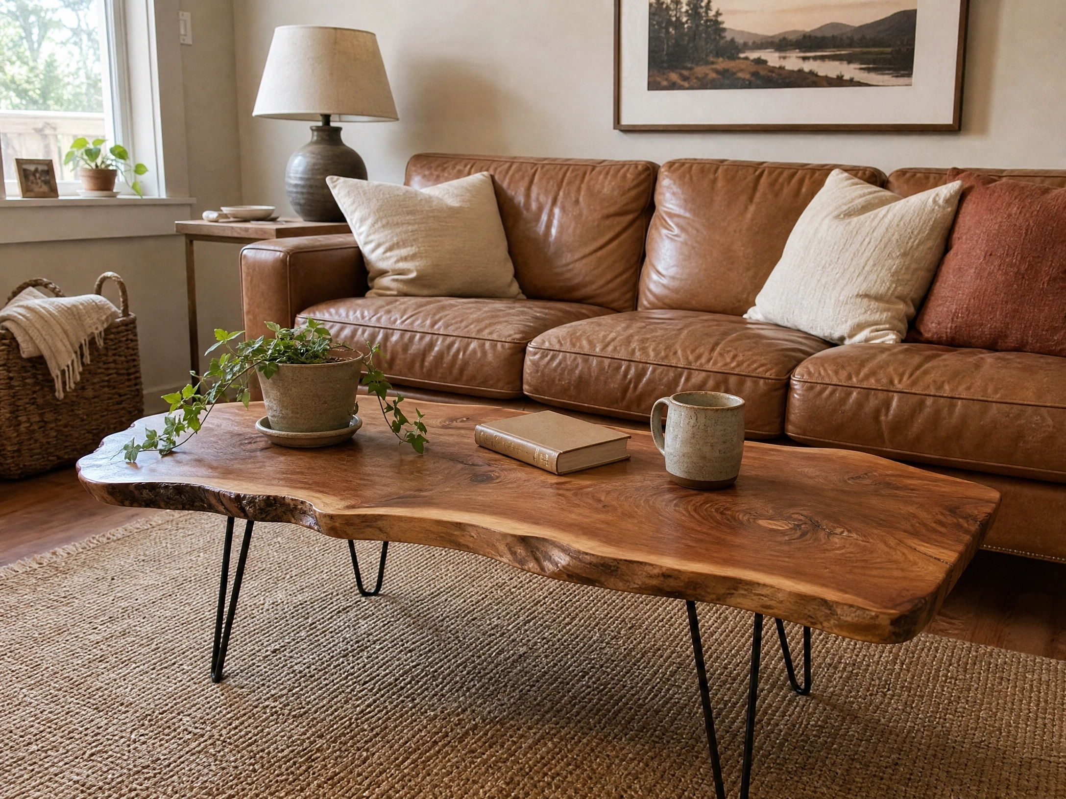Tan leather sofa paired with a live-edge wooden coffee table in a cozy neutral living room.
