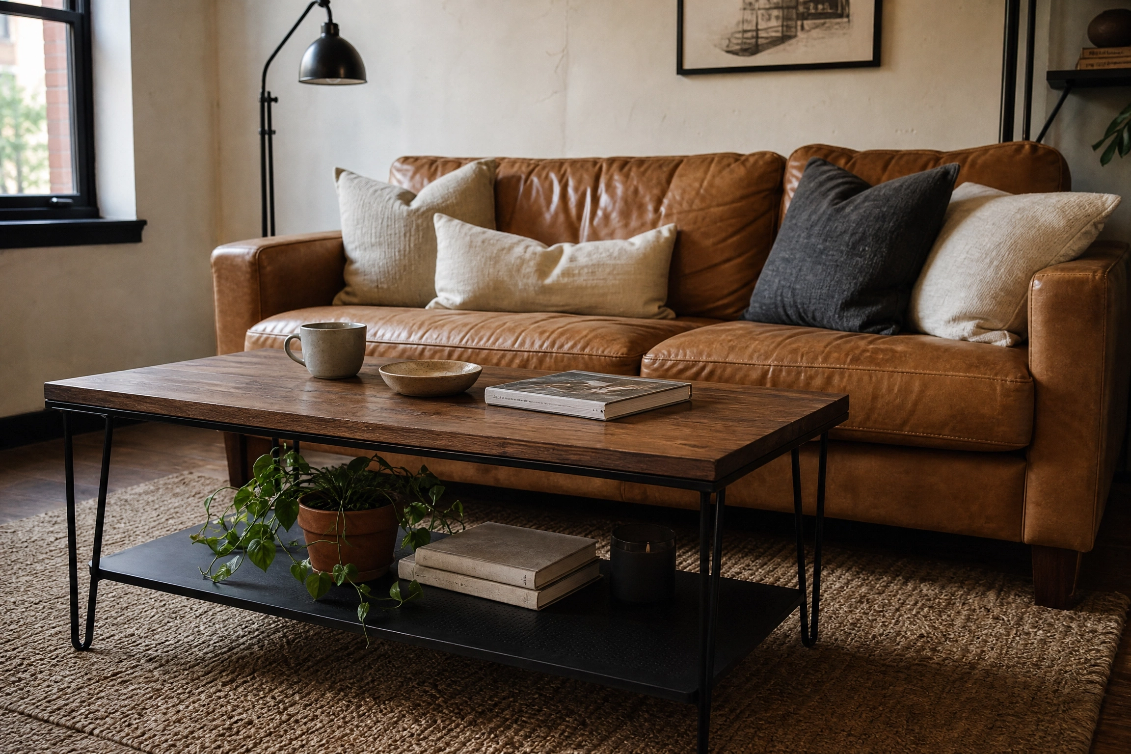 Brown leather sofa styled with a black iron coffee table, wood top, neutral pillows, and jute rug for industrial edge