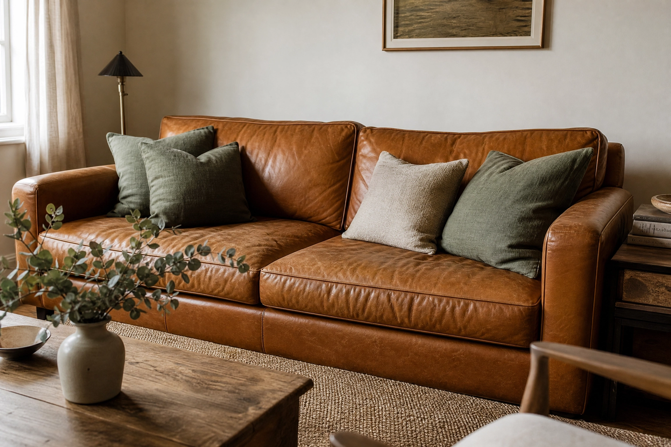 Brown leather sofa styled with sage green cushions and eucalyptus stems in a warm neutral living room.