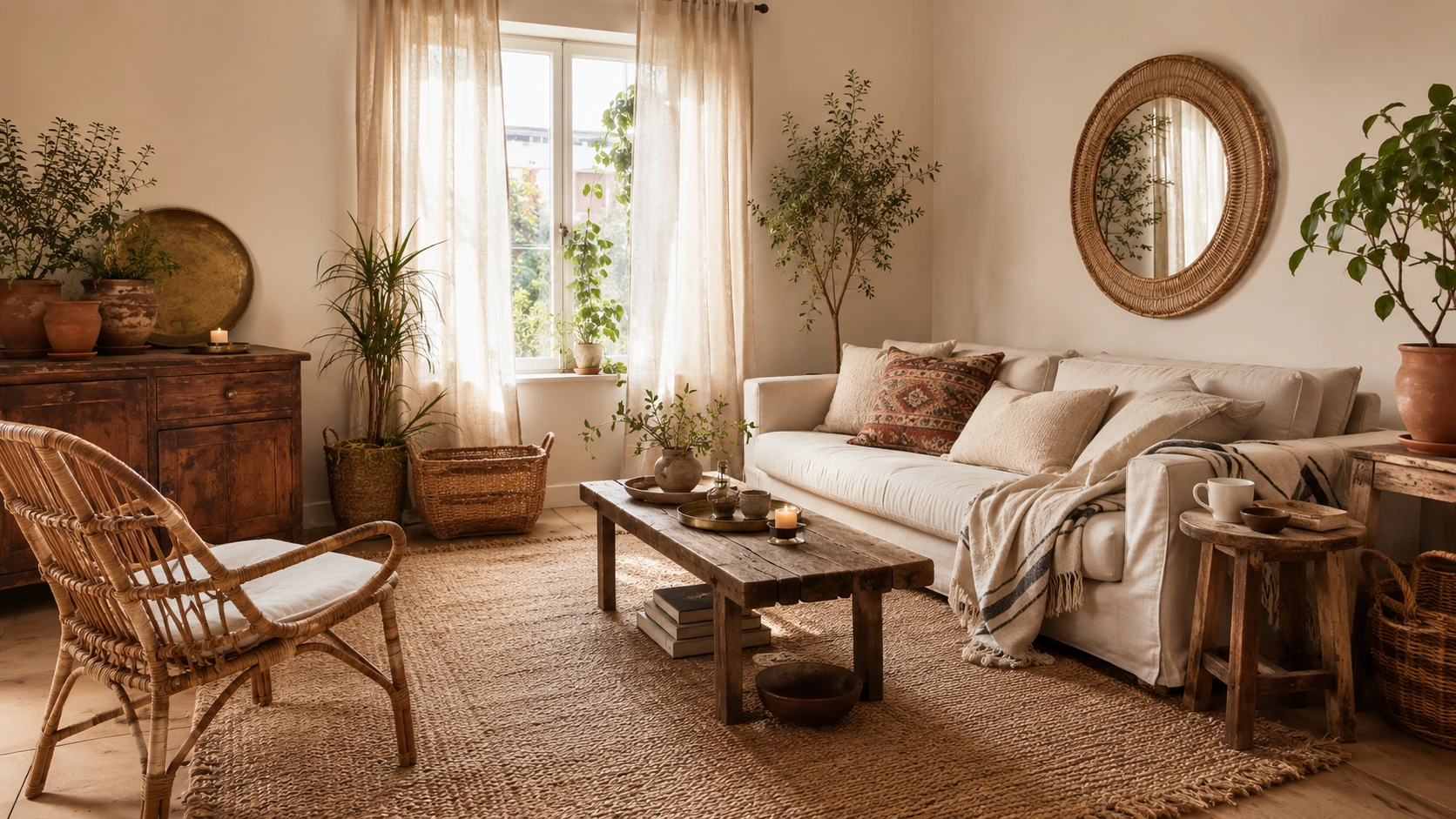 Budget boho living room with thrifted wood furniture, rattan chair, jute rug, plants, and neutral sofa