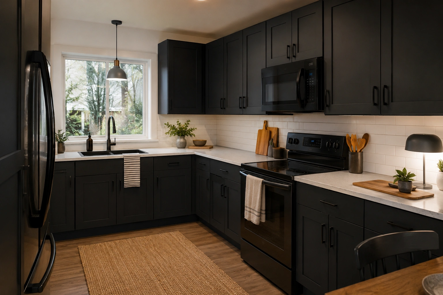 Budget-friendly black IKEA SEKTION kitchen with Nickebo cabinet fronts, white tile backsplash and wood accents.