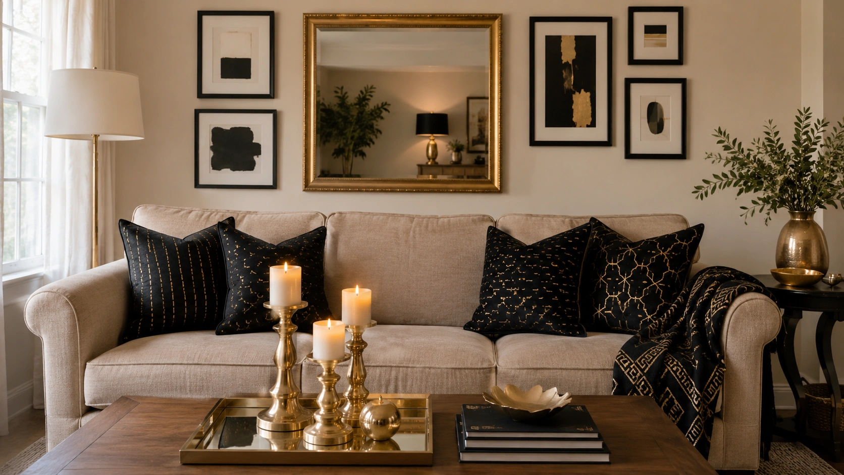 Beige sofa styled with black and gold pillows, gold mirror gallery wall, and budget glam candle tray.