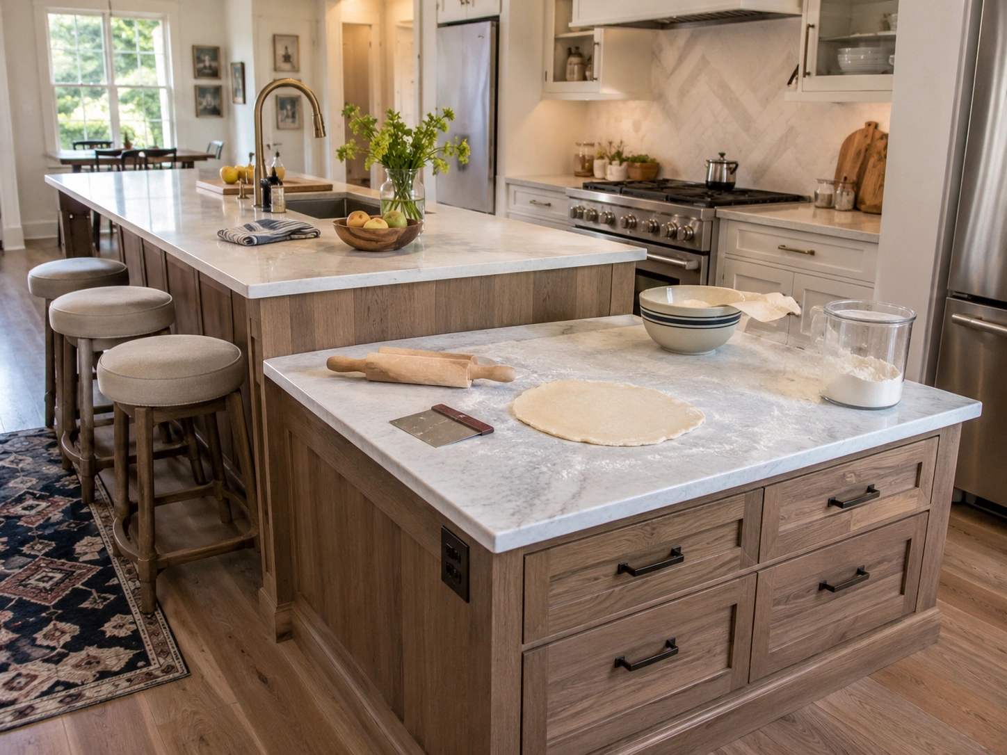 Built-in baking station with lowered marble counter, wood island drawers, flour, dough, and rolling pin.