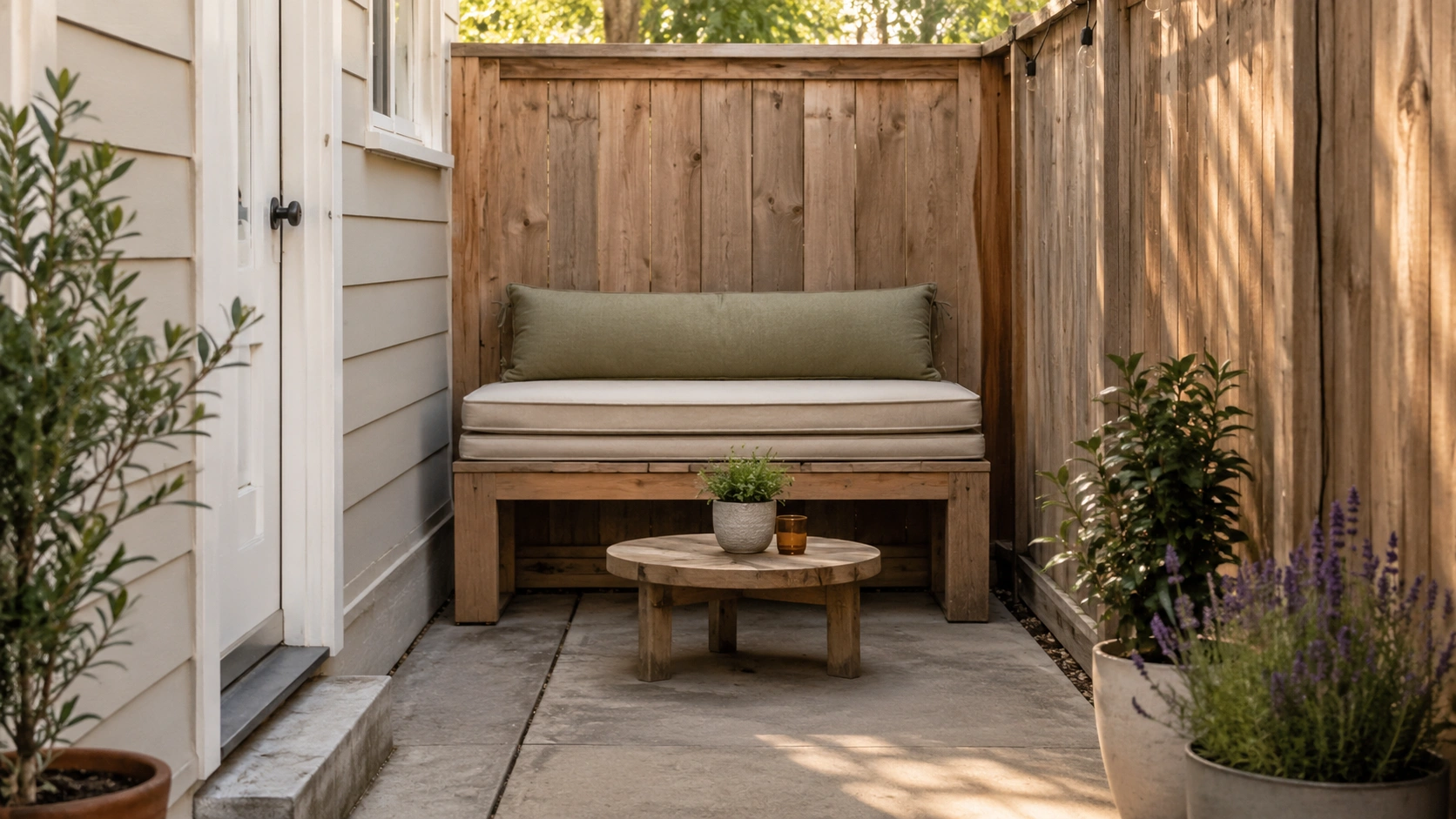 Built-in wooden bench seating along a fence line in a narrow patio with cushions, plants, and a small round table.