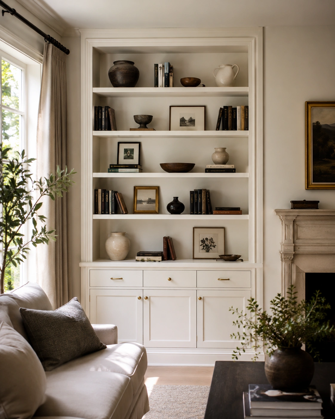 Built-in white bookcase with curated books, ceramics, framed art, and brass cabinet hardware in a warm living room.