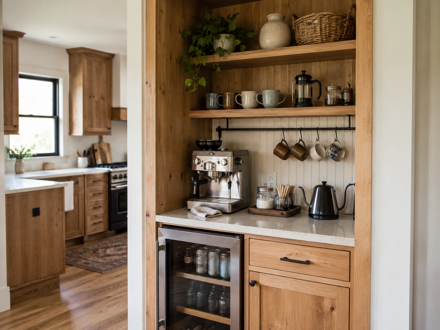 Built-in wood coffee nook with open shelves, espresso machine, mug rail, and beverage fridge.
