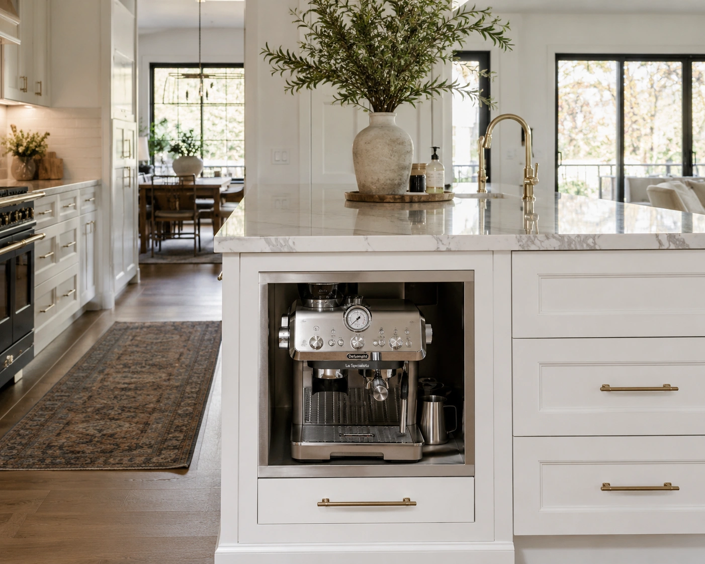 Built-in espresso niche in a white kitchen island with marble counter and brass hardware