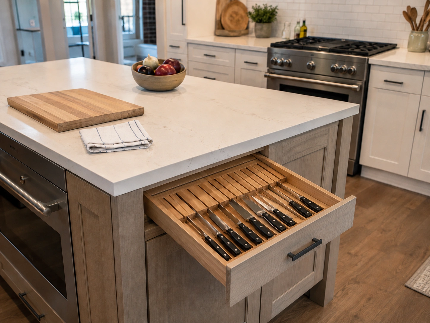 Open kitchen island drawer with built-in wooden knife block insert under a white quartz countertop.