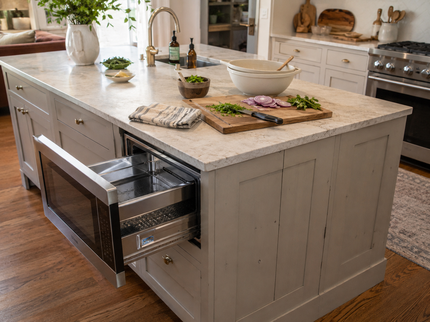 Stainless steel microwave drawer built into a marble kitchen island below the countertop with sink and prep area