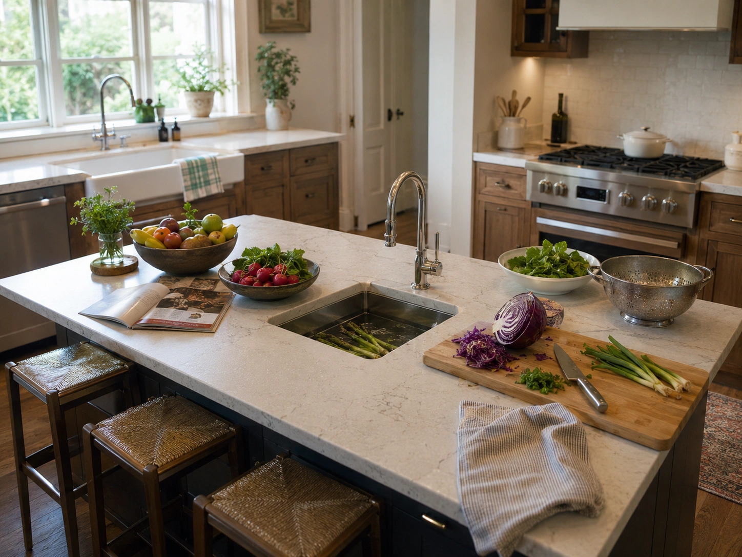 Kitchen island with a built-in prep sink, fresh produce, stools, and warm wood cabinetry.