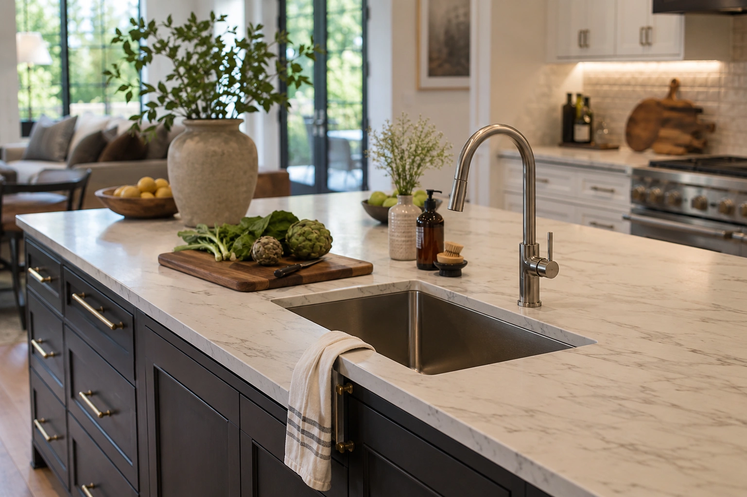 Kitchen island with built-in prep sink, marble countertop, black cabinets, and fresh vegetables.