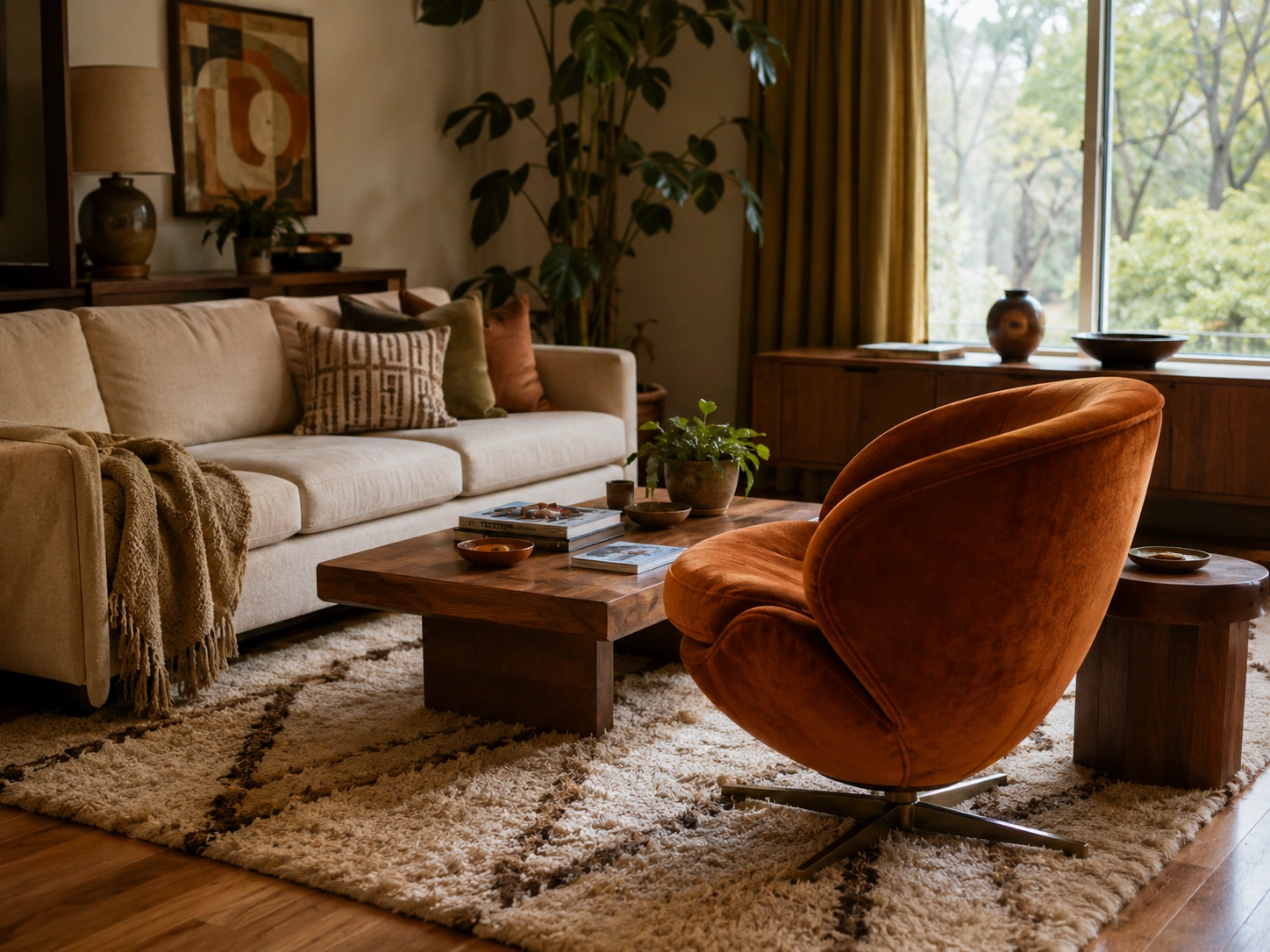 Burnt orange barrel chair in a cozy retro living room with cream sofa, shag rug, wood coffee table, and plants.