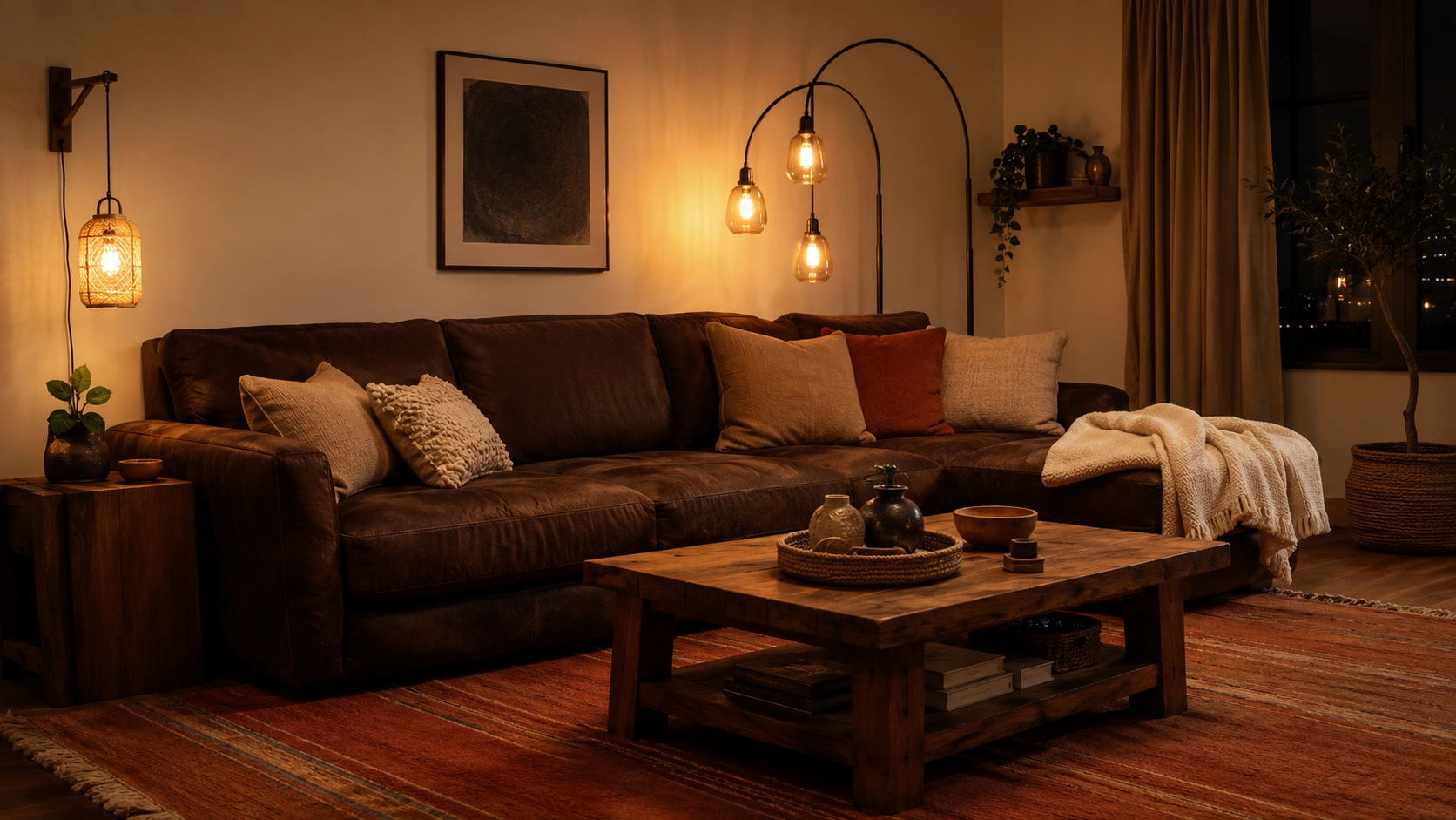Chocolate brown couch with burnt orange rug and warm Edison lighting in a cozy earthy living room.