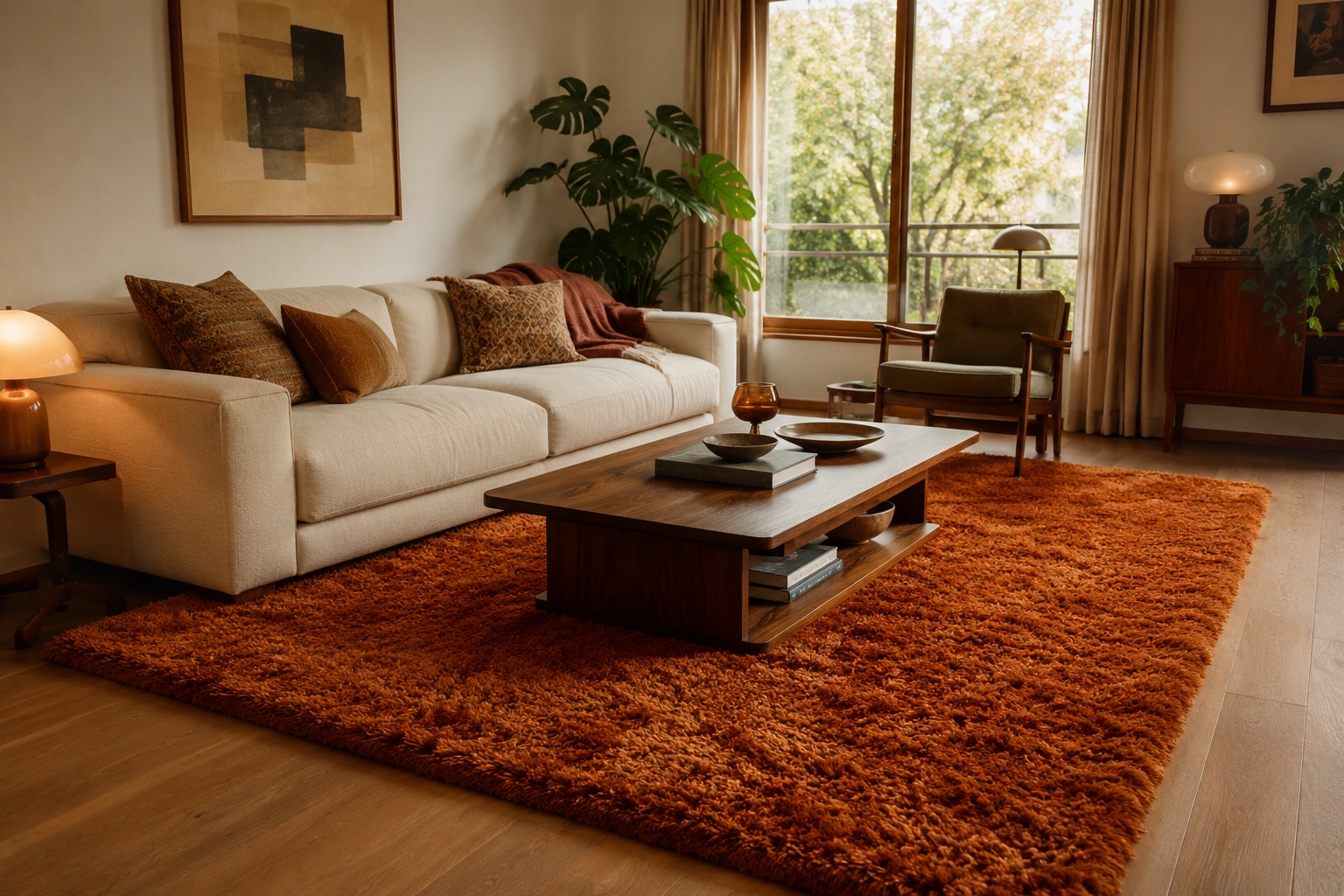 Burnt orange shag rug layered over wood floor in a warm 70s style living room