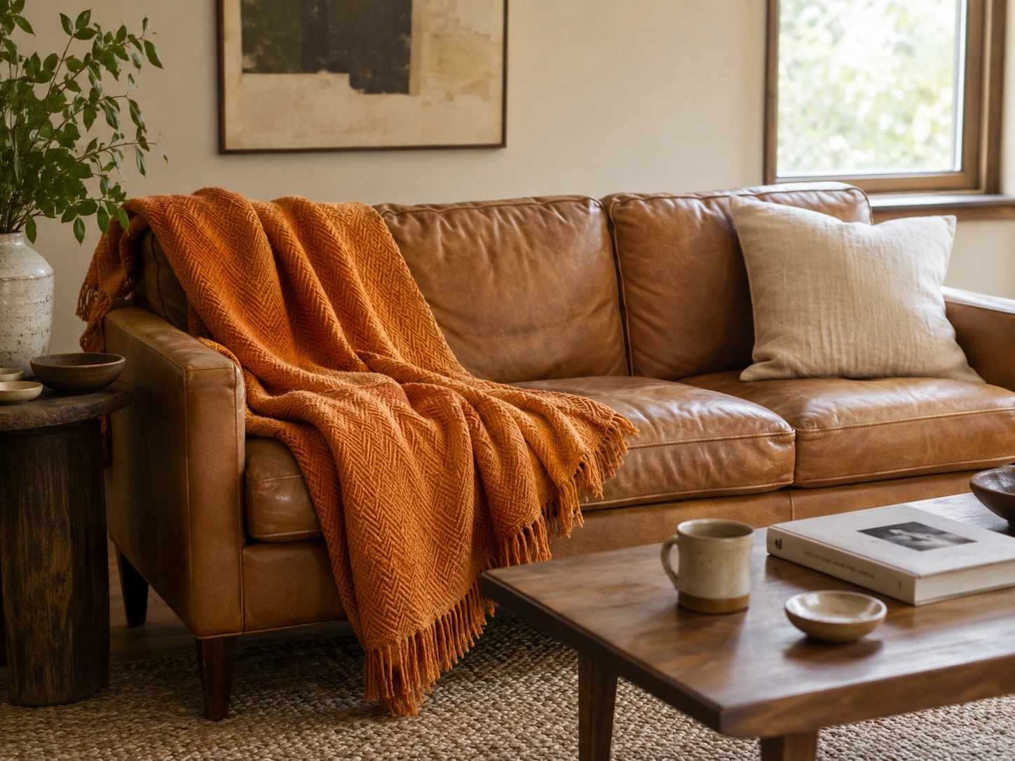 Burnt orange throw blanket draped over a tan leather couch in a warm modern living room.