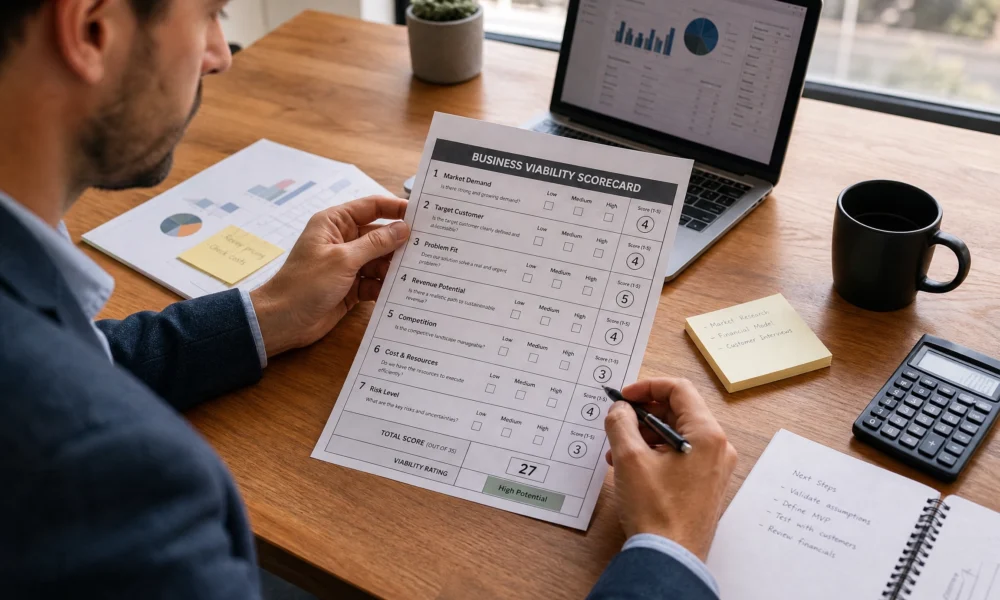Entrepreneur reviewing a business viability scorecard with laptop charts, notes, coffee, and calculator.