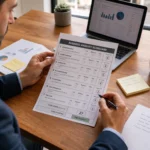 Entrepreneur reviewing a business viability scorecard with laptop charts, notes, coffee, and calculator.