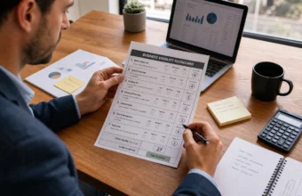 Entrepreneur reviewing a business viability scorecard with laptop charts, notes, coffee, and calculator.