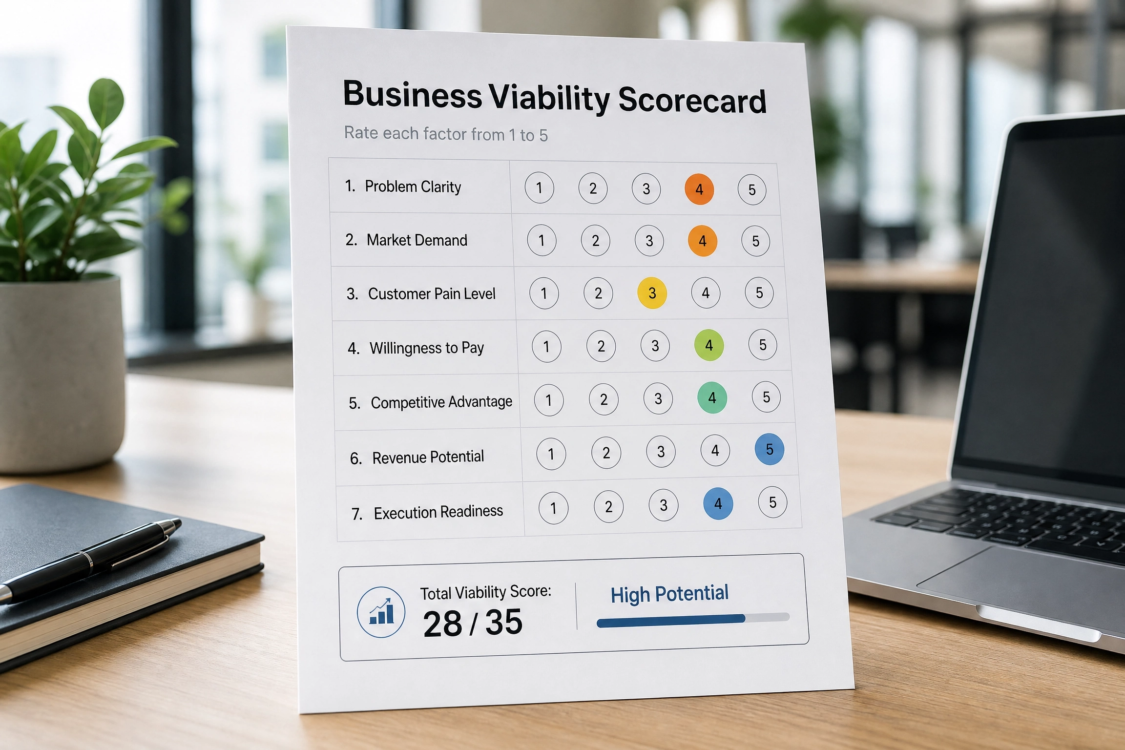 Business viability scorecard showing seven startup factors rated from 1 to 5 on an office desk.
