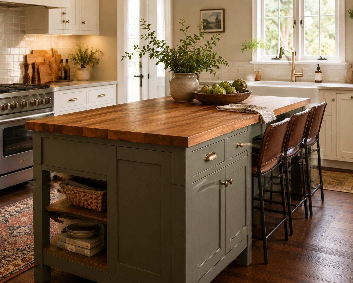 Sage green kitchen island with butcher block countertop, brass hardware, leather stools, and farmhouse decor.