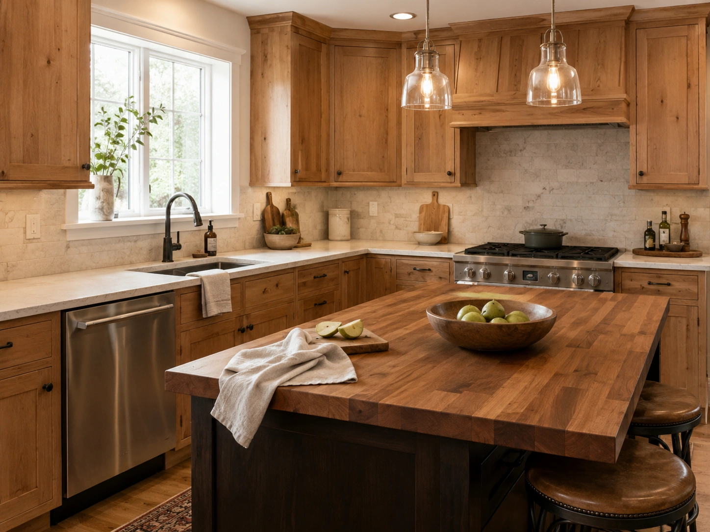 Alder kitchen with a butcher block island, light stone counters, marble backsplash, and glass pendant lights.
