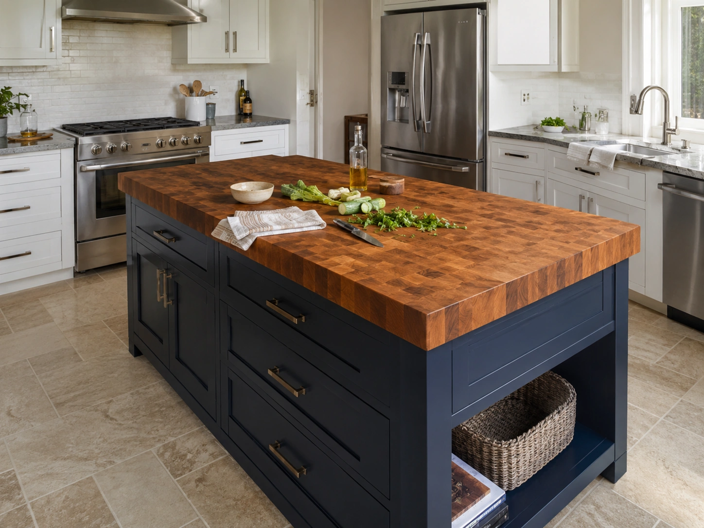 Large butcher block kitchen island with navy cabinets, white shaker cabinets, and stainless steel appliances.