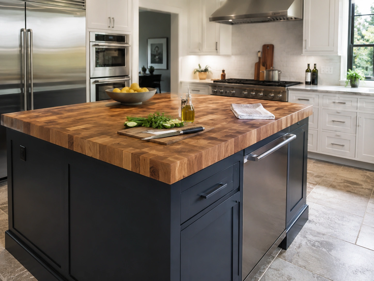 Butcher block top kitchen island with a dark base in a bright modern white kitchen.