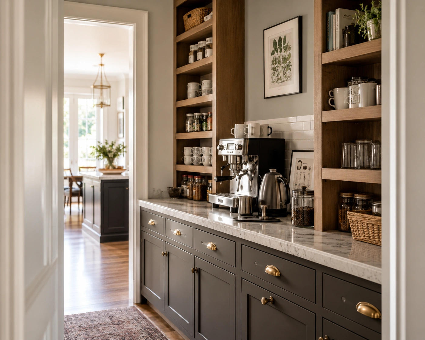 Butler's pantry coffee hutch with espresso machine, open wood shelves, marble counter, mugs, and pantry storage.