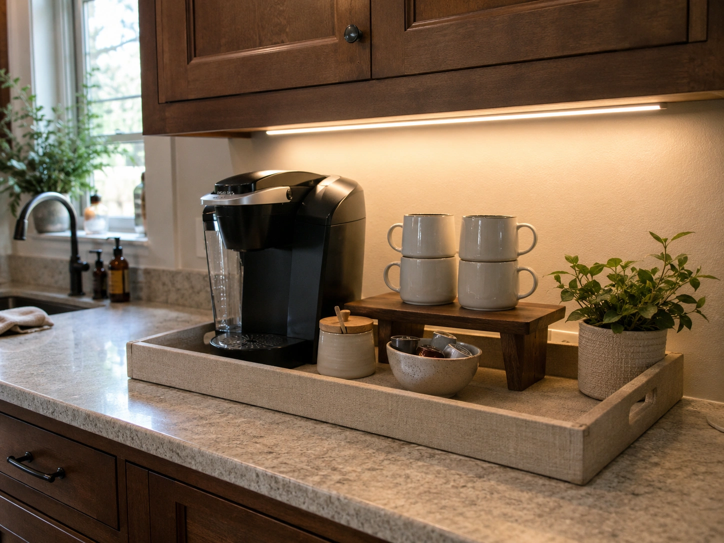 Cabinet-top tray coffee station with under-cabinet lighting, mugs, pods, and a small plant