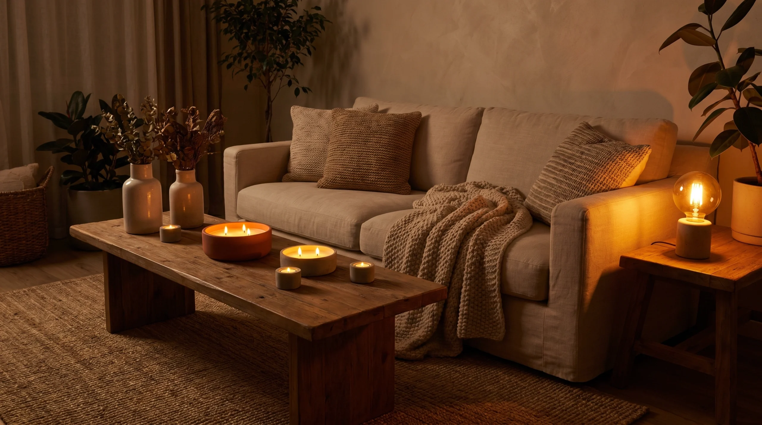 Cozy earthy living room with candlelight, warm bulb lamp, neutral sofa, wood table, and layered textures.