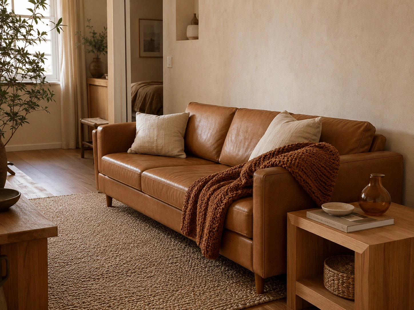 Caramel leather sofa with cream pillows and warm tan decor in a monochromatic living room.