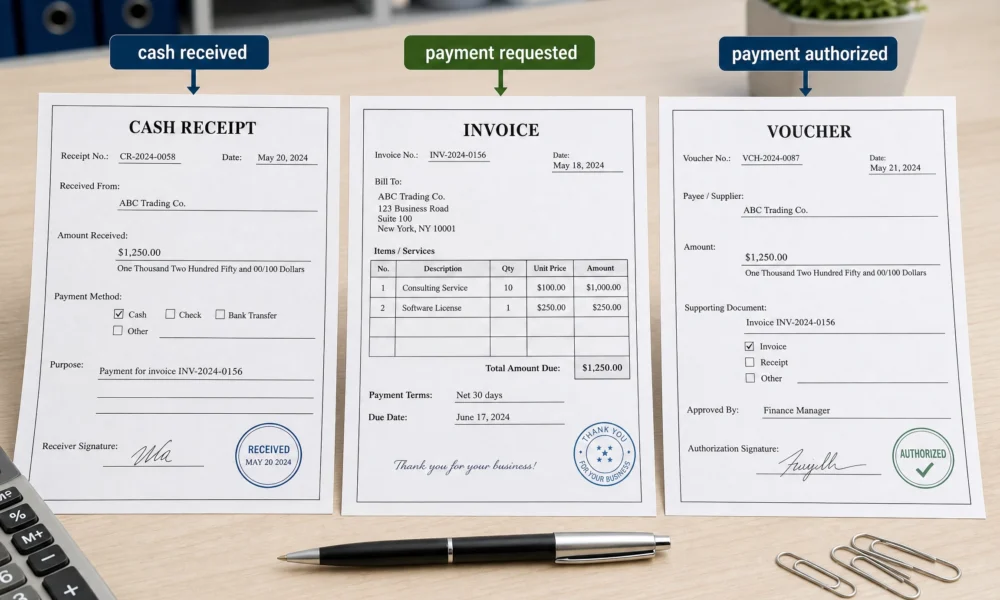 Cash receipt, invoice, and voucher comparison showing cash received, payment requested, and authorized.