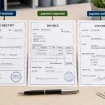 What Business Form Gives Written Acknowledgement for Cash Received? Cash receipt, invoice, and voucher comparison showing cash received, payment requested, and authorized.