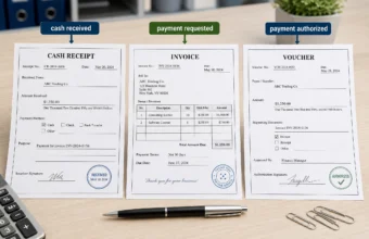 Cash receipt, invoice, and voucher comparison showing cash received, payment requested, and authorized.