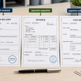 Cash receipt, invoice, and voucher comparison showing cash received, payment requested, and authorized.