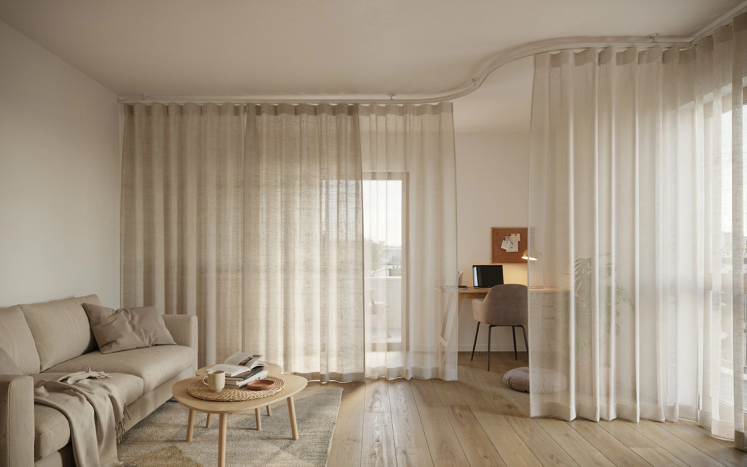 Ceiling-mounted curtain track with layered linen panels dividing a bright living room and home office.