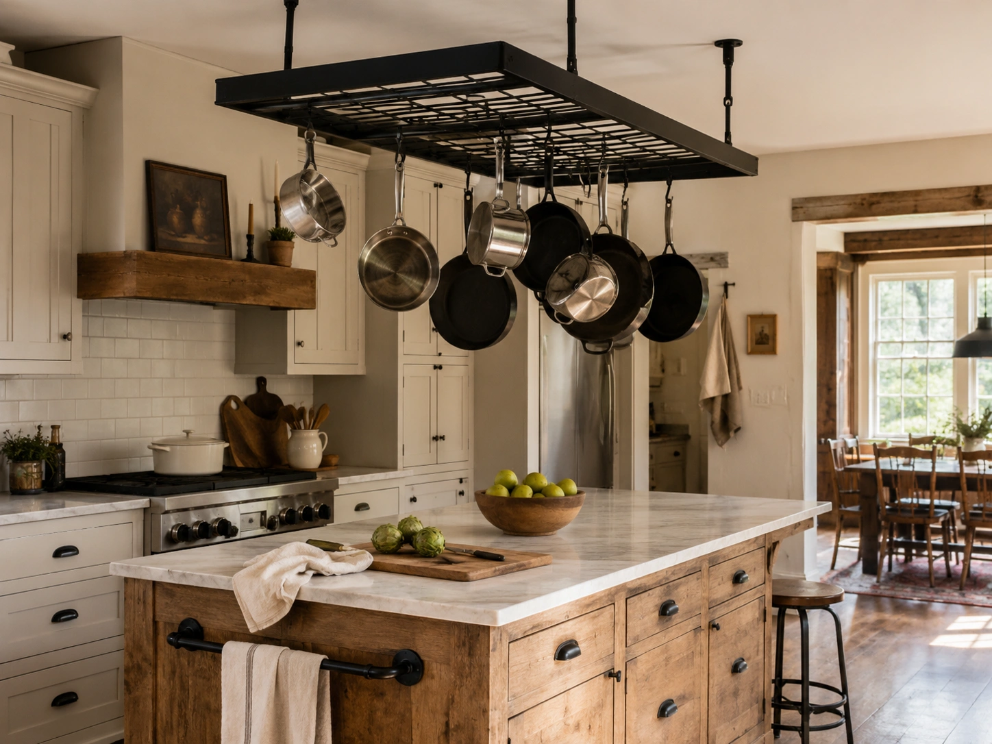 Rustic kitchen island with ceiling pot rack holding pans above a marble countertop and wood cabinets.