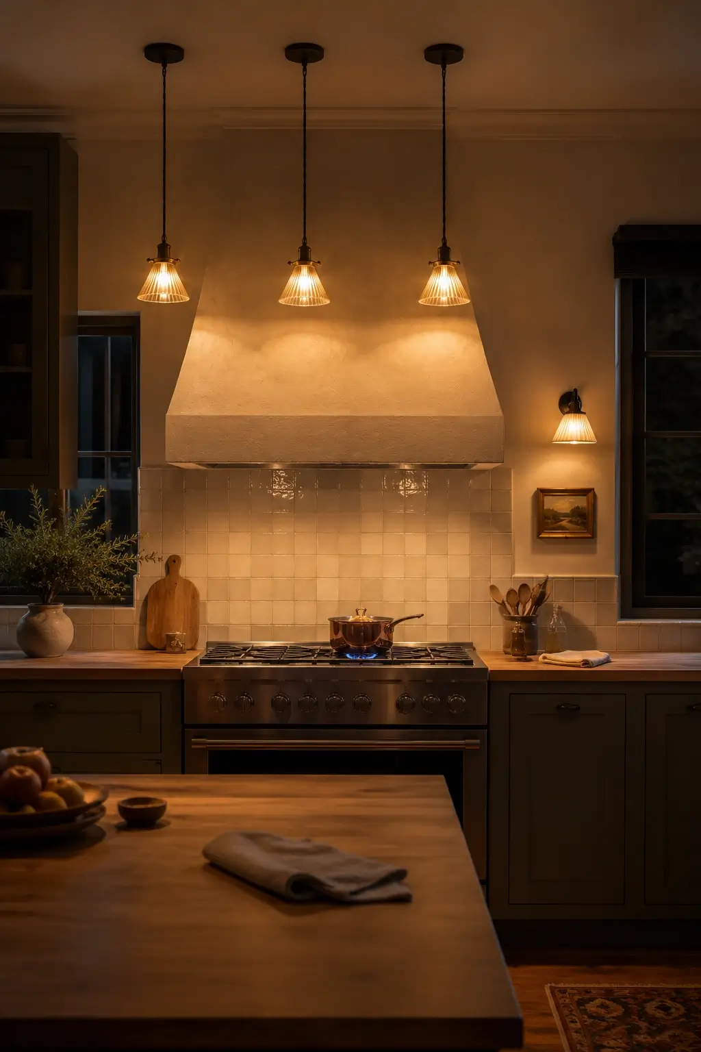 Centered plaster range hood under warm pendant lights in a cozy kitchen cooking nook.