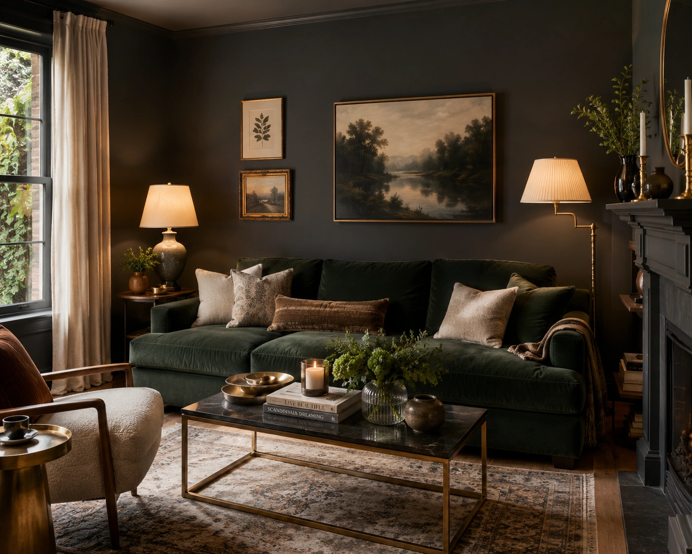Deep forest green sofa against charcoal grey walls in a moody living room with warm brass lighting.