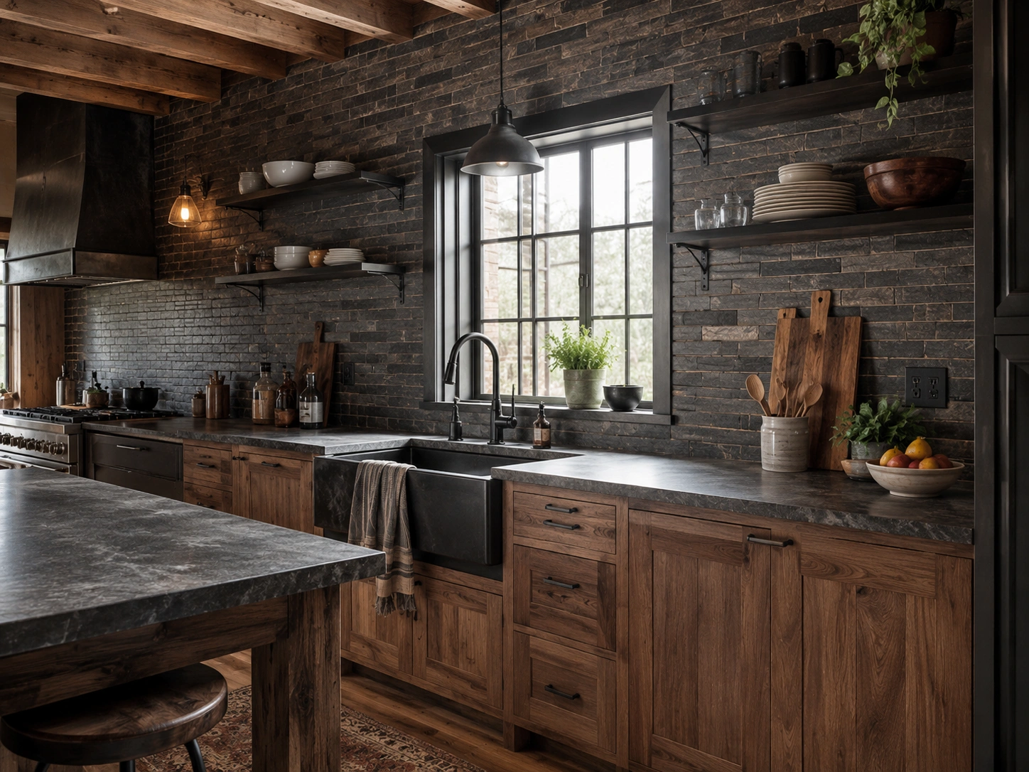 Charcoal slate tile backsplash in an industrial farmhouse kitchen with wood cabinets and open shelves.