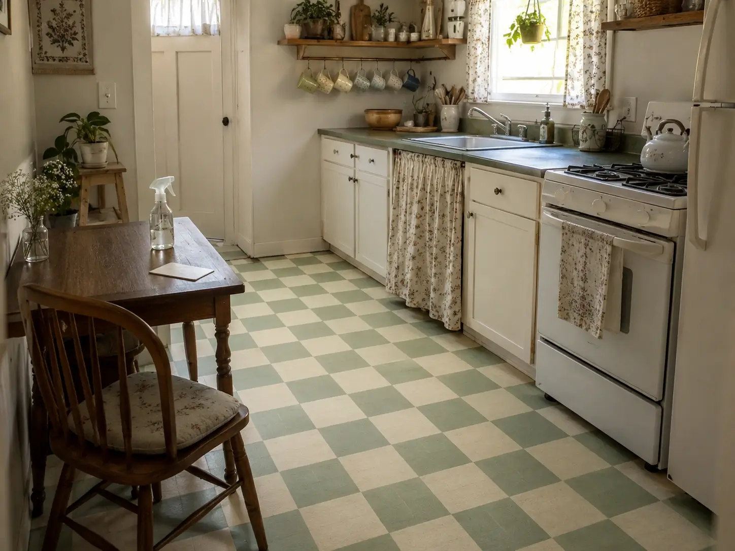 Cottage kitchen with sage and cream checkered contact paper flooring over an old dated floor.