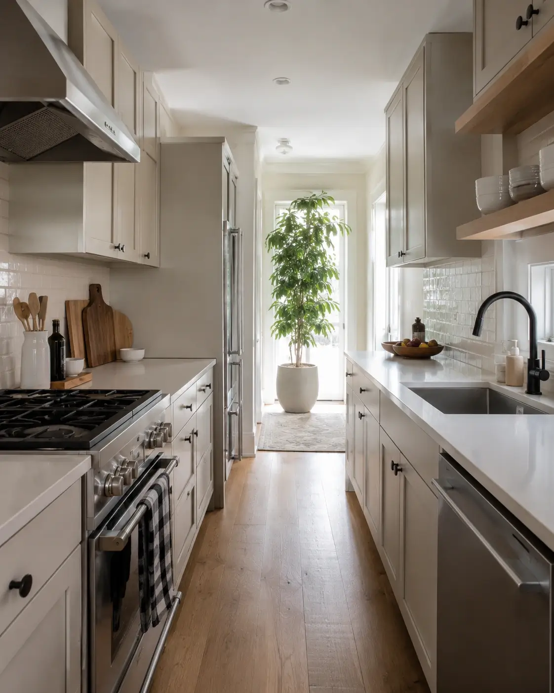 Cream galley kitchen with a checkered cotton runner creating a soft bistro mood.