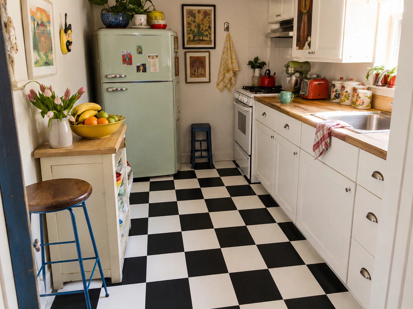 Black and white checkered peel-and-stick floor tiles in a small retro kitchen with white cabinets.