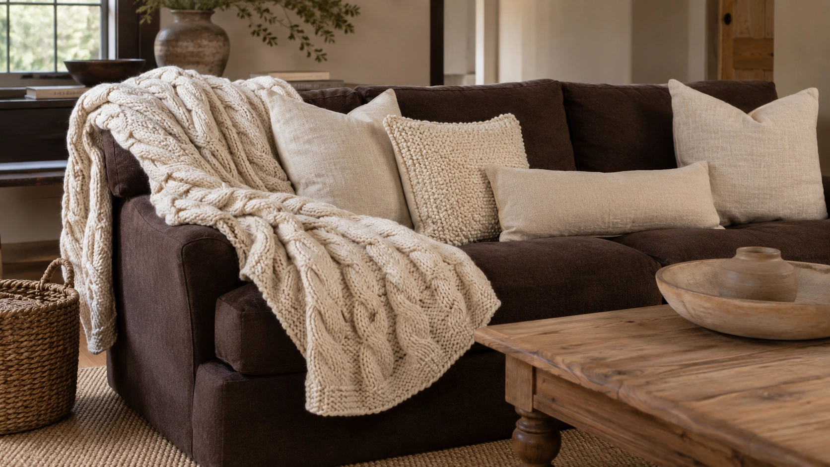 Chocolate brown sofa with chunky cream knit throw, ivory pillows, and cozy neutral living room decor