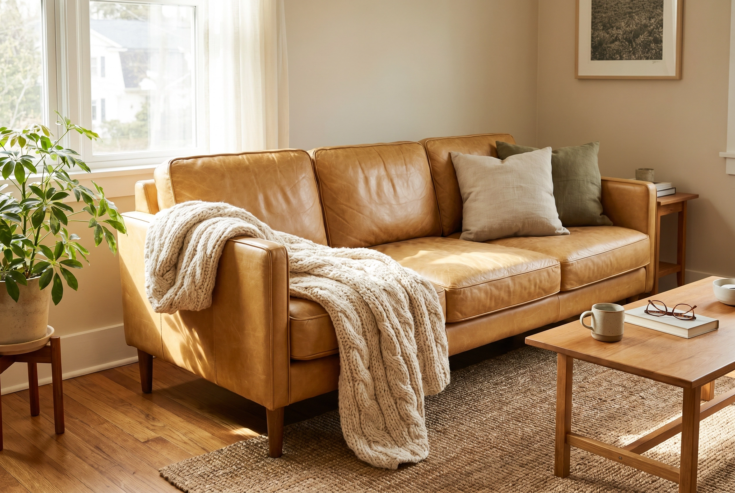 Chunky cream knit throw draped over a tan leather couch armrest in a cozy neutral living room.